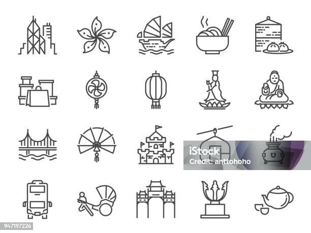 Hong Kong Travel Icon Set Included The Icons As City Barque Tian Tan Big Buddha Guan Yin Statue Cable Car Dim Sum Landmarks Attractions And More Stock Illustration - Download Image Now