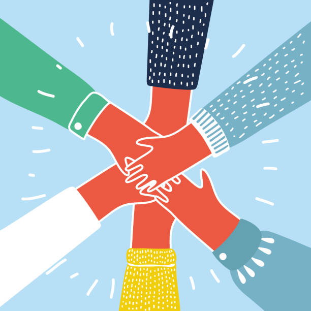 People putting their hands together vector Vector cartoon illustration of people putting their hands together. Colorful concept togetherness illustrations stock illustrations