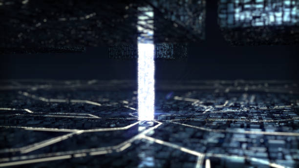 istock Data travelling on a mother board. Data travelling on a mother board. Glowing digital processor 947206244
