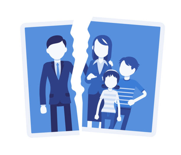 Family breakup problem Family breakup problem. Photo with rift between people, serious quarrel, spouse disagreement, end with divorce, split, loss of good relationship and love. Vector illustration with faceless characters relationship breakup photos stock illustrations