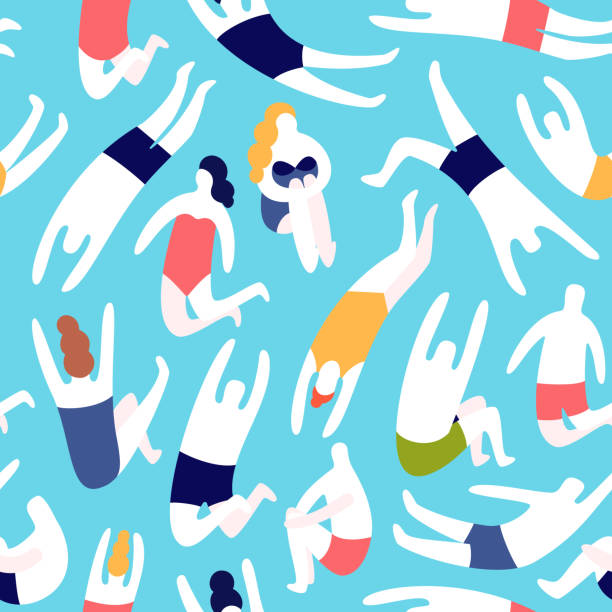 People on a beach. Swim jumping into the water. Summer rest vacation. Seamless vector pattern