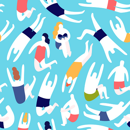 People on a beach. Swim jumping into the water. Summer rest vacation. Seamless vector pattern