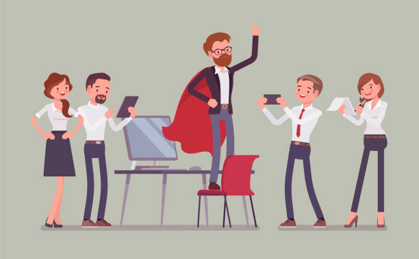 Office hero admired by his colleagues Office hero admired by colleagues for courage, outstanding business achievements, extraordinary sale, market powers, ideal manager in superhero cloak boasting. Vector flat style cartoon illustration fame illustrations stock illustrations