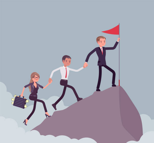 Team of successful businesspeople conquering mountain market top Team of successful businesspeople conquering mountain market top. Company accomplishing a desired aim to reach highest, uppermost profit point, startup result. Vector flat style cartoon illustration group of people people recreational pursuit climbing stock illustrations