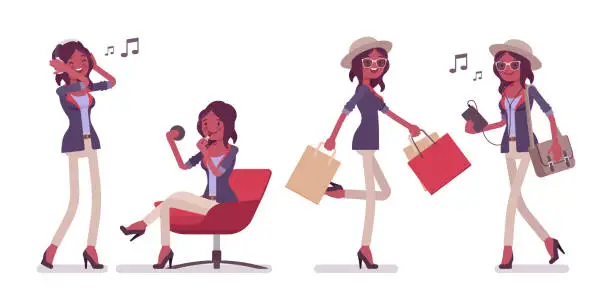 Vector illustration of Black attractive smart casual woman wearing hat, glasses and music