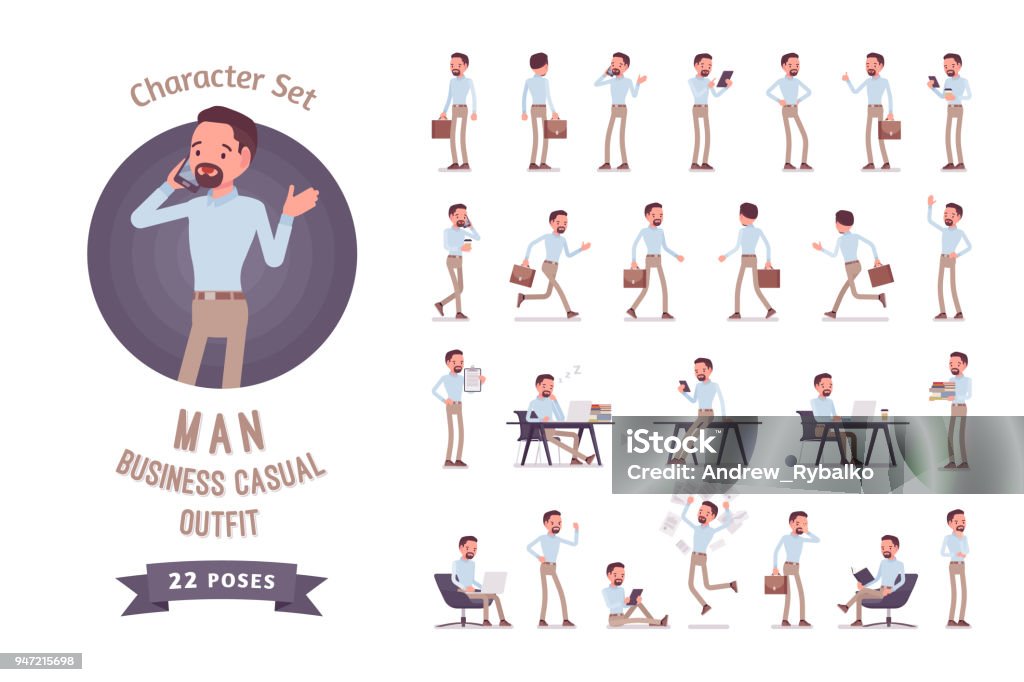 Smart business casual man ready-to-use character set Smart middle aged man in buttoned up shirt, camel skinny chino trousers, ready-to-use character set. Business stylish workwear trend. Full length, different views, gestures, emotions, front, rear view Characters stock vector