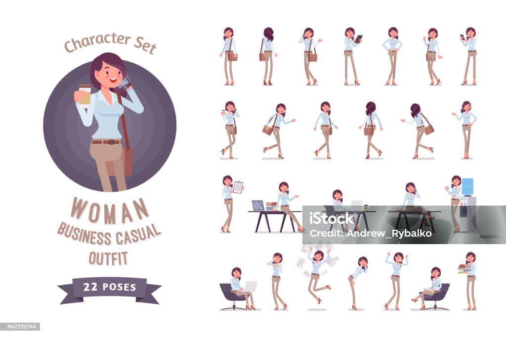 Young business casual woman ready-to-use character set Young pretty woman in buttoned up shirt, camel skinny chino trousers, ready-to-use character set. Business stylish workwear trend. Full length, different views, gestures, emotions, front, rear view Characters stock vector
