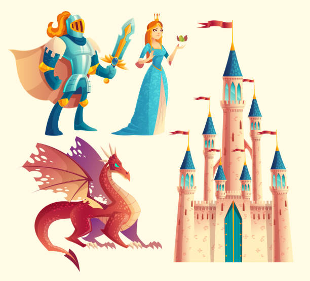 ilustrações, clipart, desenhos animados e ícones de conjunto de fantasia vector - cavaleiro, dragão, princesa, castelo - dragon fantasy knight warrior
