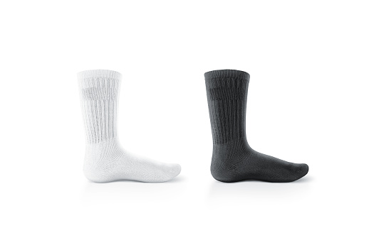 Blank black and white long socks design mockup, isolated. Pair sport cotton sox wear mock up. Tall clear soft sock stand presentation. Male female high sportwear template.