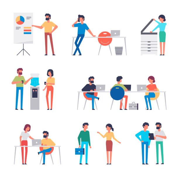 Set of office workers characters. Flat design corporate business people. Full length. Different poses and situations. Vector illustration. Set of office workers characters. Flat design corporate business people. Full length. Different poses and situations. Vector illustration. copying illustrations stock illustrations