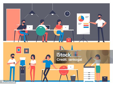 istock Set of workers characters in office interior. Business meeting, teamwork, brainstorming, planning, conference in flat style. Office work daily routine. Business infographic element. 947224956