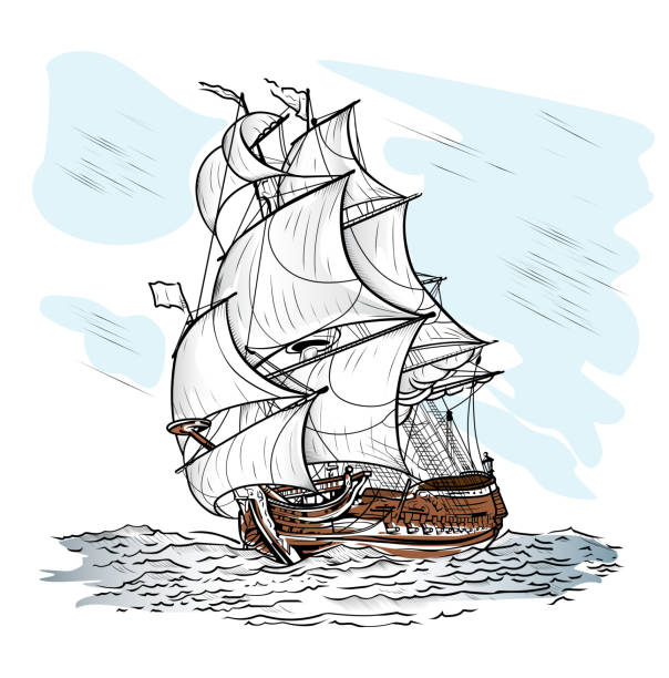 ilustraciones, imágenes clip art, dibujos animados e iconos de stock de nave de viento - goleta barco de vela
