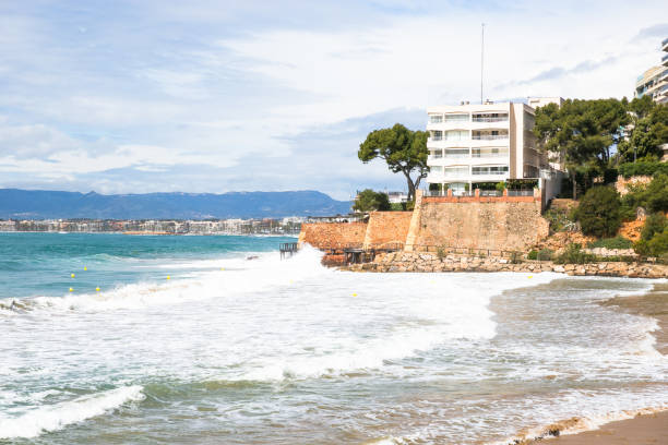 Coastline Costa Dorada, Salou, Spain. Beautiful sea and palms stock photo
