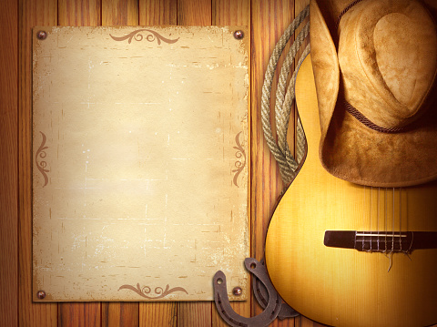 Cartel de la música de país. Fondo de madera con guitarra photo