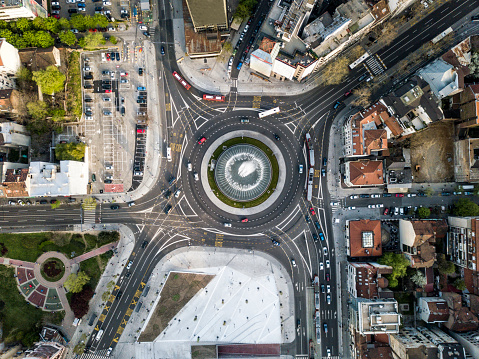 Directly above view of Slavija Roundabout in Belgrade, Serbia with traffic.