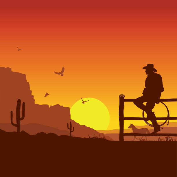 American Cowboy on wild west sunset landscape in the evening American Cowboy on wild west sunset landscape in the evening.Vector illustration cowboy silhouette desert stock illustrations
