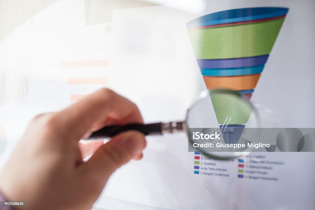 Male hand showing a sales funnel chart with a magnifier lens during a business meeting in office Male hand showing a sales funnel chart with a magnifier lens during a business meeting in office. Concept of marketing strategy Funnel Stock Photo