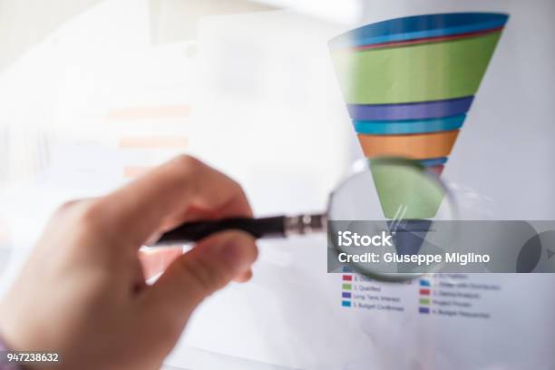 Male Hand Showing A Sales Funnel Chart With A Magnifier Lens During A Business Meeting In Office Stock Photo - Download Image Now