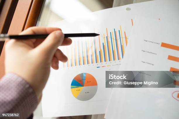 Male Hand Pointing With A Pencil At A Sales Funnel Chart During A Business Meeting In Office Stock Photo - Download Image Now