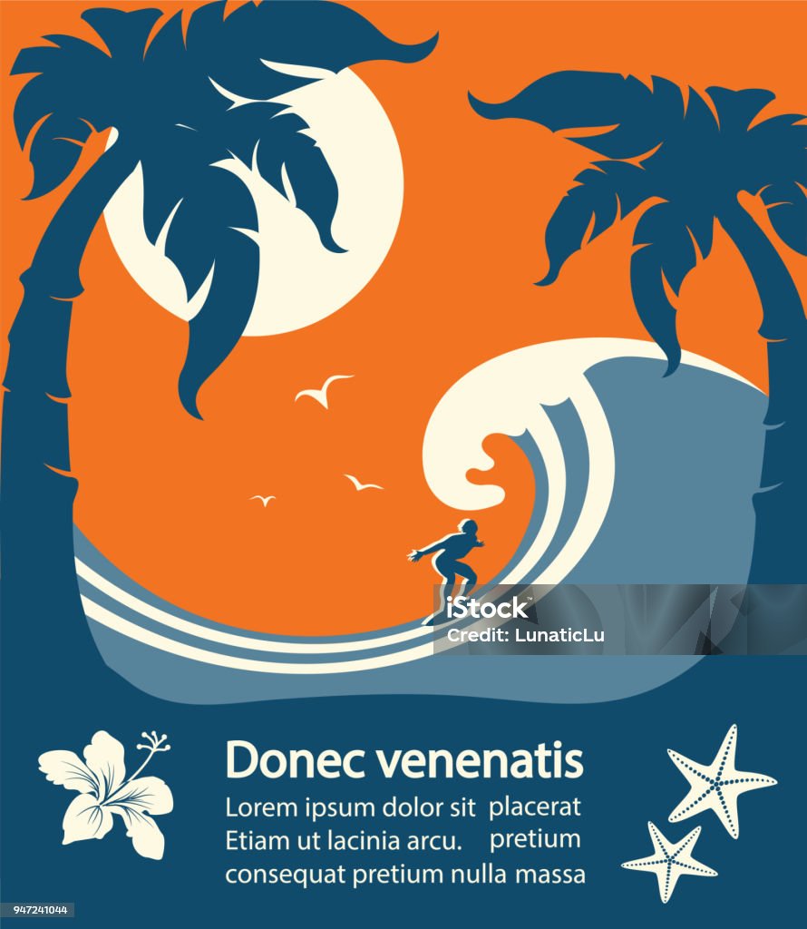 Surfer and big sea wave tropical island Surfer and big sea wave tropical island.Vector poster background for text Surfing stock vector