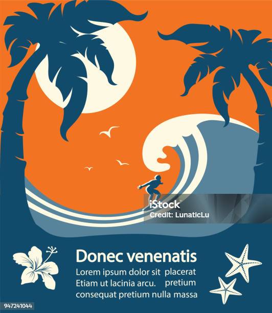 Surfer And Big Sea Wave Tropical Island Stock Illustration - Download Image Now - Surfing, Wave - Water, Wave Pattern