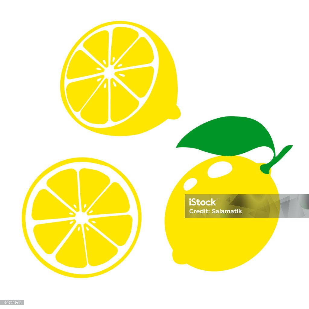 Icon lemon. Set fresh lemon fruits and slice. Isolated on white background. Vector illustrations Lemon - Fruit stock vector