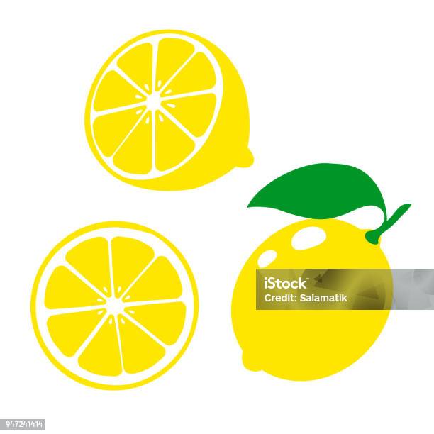 Icon Lemon Set Fresh Lemon Fruits And Slice Isolated On White Background Vector Illustrations Stock Illustration - Download Image Now