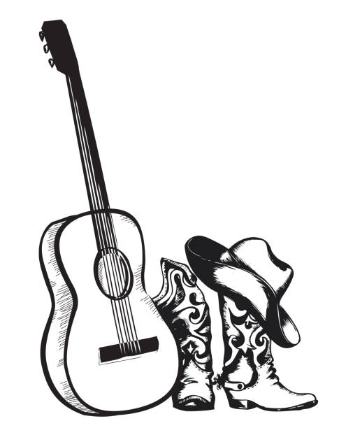 kuvapankkikuvitukset aiheesta cowboy-saappaat ja musiikkikitara eristetty valkoisella - country and western music