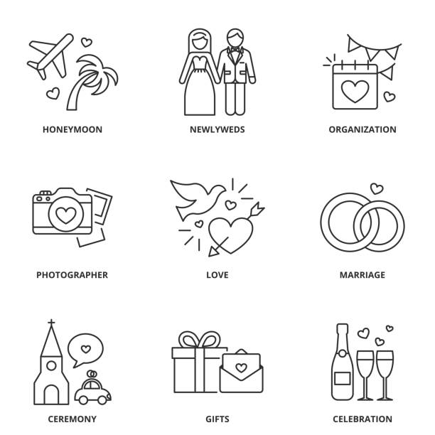 zestaw ikon ślubnych: miesiąc miodowy, nowożeńcy, organizacja, fotograf, miłość, małżeństwo, ceremonia, prezenty, uroczystość - 4729 stock illustrations