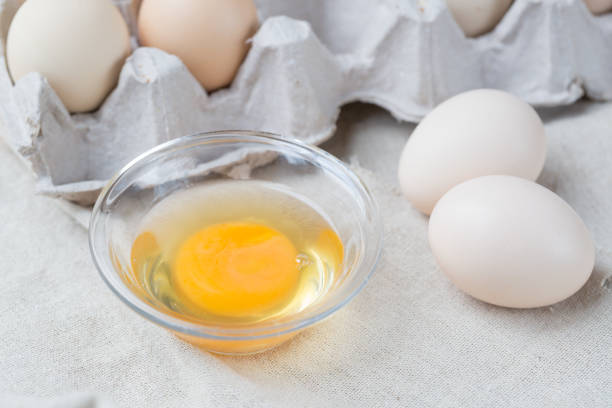 istock Fresh farm eggs. Egg yolk in glass bowl. 947264844