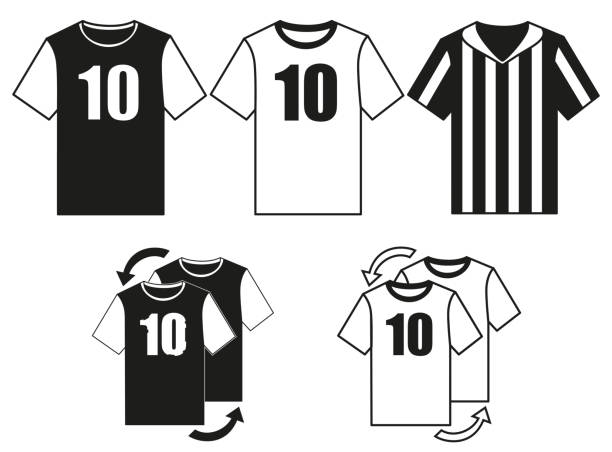 Black and white soccer uniform t-shirt set. Black and white soccer uniform t-shirt set. Player and referee uniform. Sport theme vector illustration for icon, sticker sign, patch, certificate badge, gift card, stamp , label, poster, web banner, flayer t shirt transfer stock illustrations