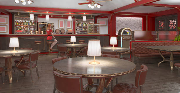 istock Red-haired girl in red sits on a bar stool in a restaurant. 947268766