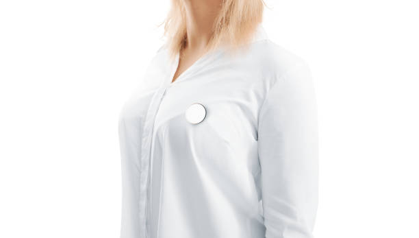 istock Blank white round silver lapel badge mock up woman chest side view 947279762