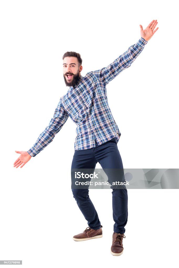 Cheerful excited bearded business man with open arms welcoming hugging gesture. Cheerful excited bearded business man with open arms welcoming hugging gesture. Full body isolated on white background. Men Stock Photo
