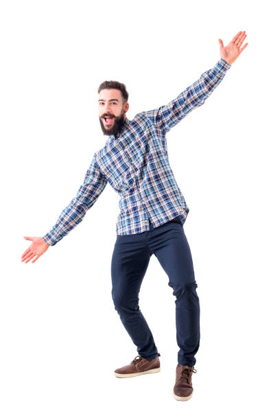 cheerful excited bearded business man with open arms welcoming hugging gesture. - arms outstretched fotos imagens e fotografias de stock