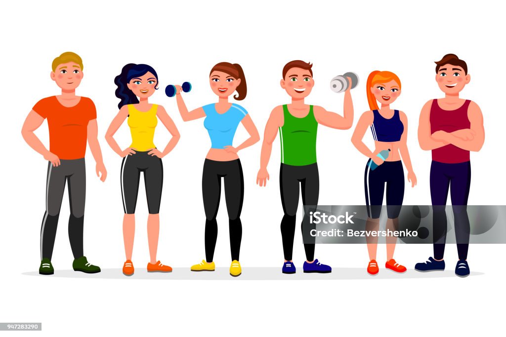 Fitness People Vector Illustration In Flat Design Athletes In Workout Gym Cartoon Characters Isolated On White Background Group Of People Dressed In Sports Clothes With Dumbbells Stock Illustration - Download Image Now - Fitness People Vector Illustration In Flat Design Athletes In Workout Gym Cartoon Characters Isolated On White Background Group Of People Dressed In Sports Clothes With Dumbbells Stock Illustration - Download Image Now -