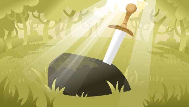 The sword in the stone Have you heard of King Arthur? And a sword that somehow was stuck in a rock? A bunch of hogwash if you ask me! excalibur stock illustrations