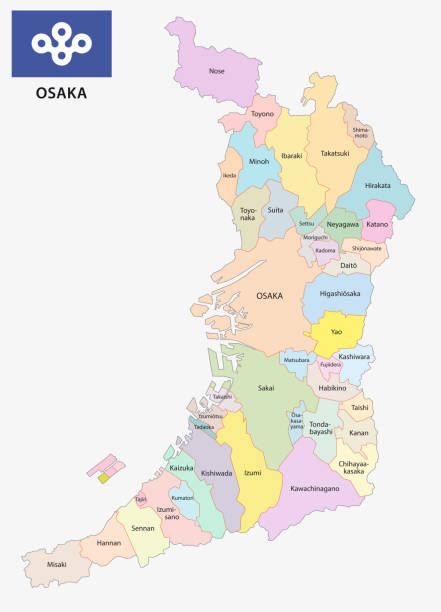 ilustrações, clipart, desenhos animados e ícones de osaka prefeitura políticos e administrativos mapa com bandeira - osaka prefecture