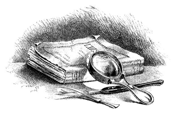 Book and magnifying glass Book and magnifying glass - Scanned 1887 Engraving magnifying glass book stock illustrations