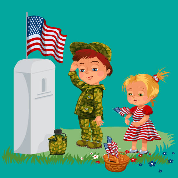 ilustrações, clipart, desenhos animados e ícones de dia do memorial, correia no cemitério militar, pequena menina e menino no túmulo de guerra veterano, honrando a memória de crianças heróis caídos, nos bandeira vector a ilustração - baby military armed forces us memorial day