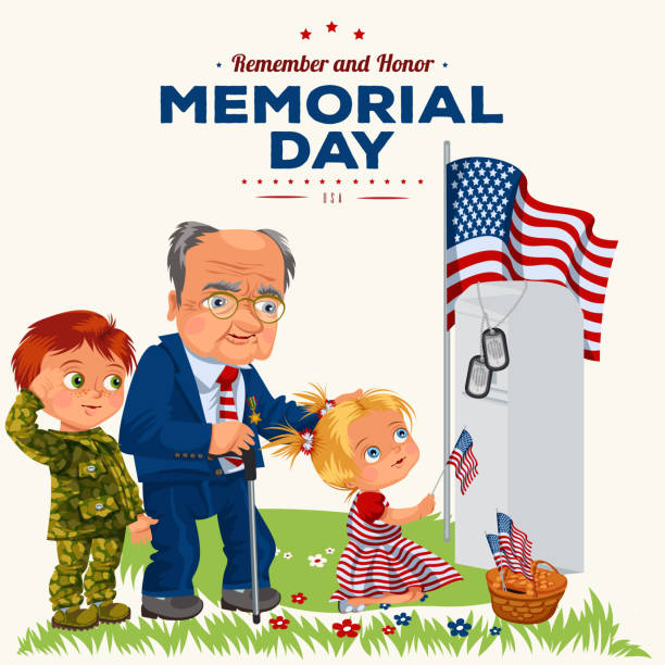 dzień pamięci, starszy mężczyzna z dziećmi na cmentarzu wojskowym w pobliżu grobu z żetonami na białym pomniku, chłopiec i dziewczyna pamiętają bohaterów wojny, ilustracja wektorowa z amerykańską flagą - baby military armed forces us memorial day stock illustrations