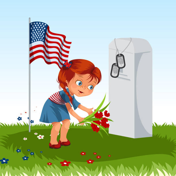 ilustrações, clipart, desenhos animados e ícones de criança no cemitério militar, menina põe flores no veterano da grande guerra, crianças, honrando a memória de heróis caídos, tokens de americanos e nos sinalizar ilustração vetorial - baby military armed forces us memorial day