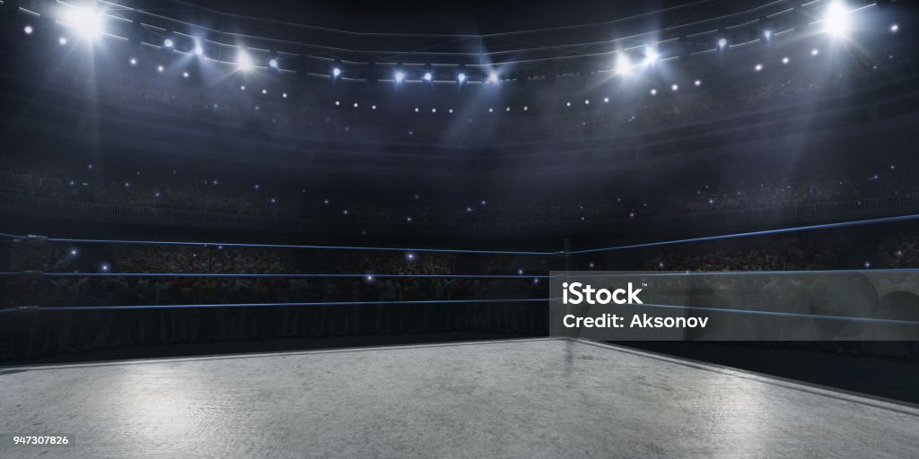 Professional wrestling and boxing ring in 3D Professional wrestling and boxing ring in 3D with tribune, fans and rays of light Boxing Ring Stock Photo