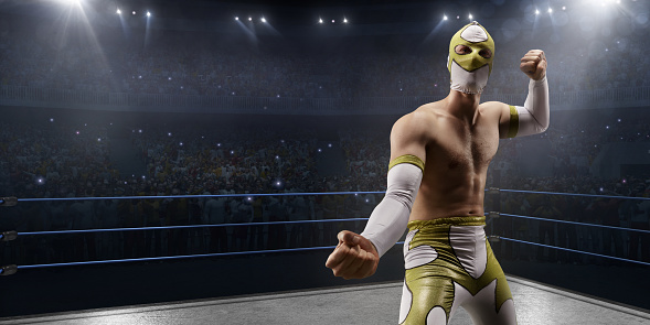 Wrestling show. Wrestler in a bright white and yellow sport clothes and face mask in professional ring