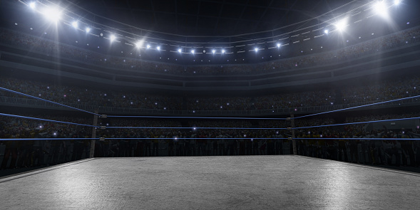 Professional wrestling and boxing ring in 3D with tribune, fans and rays of light
