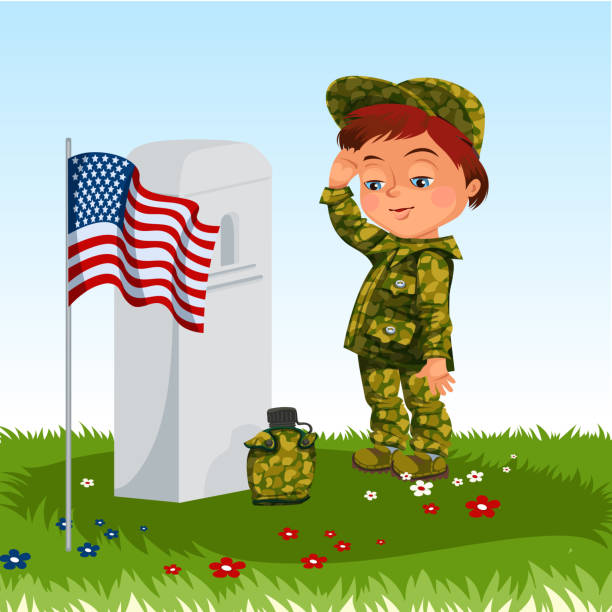 ilustrações, clipart, desenhos animados e ícones de dia do memorial, criança no cemitério militar, garotinho no uniforme saúda no veterano de guerra grave, honrando a memória de crianças heróis caídos, os americanos nos sinalizar ilustração vetorial - baby military armed forces us memorial day