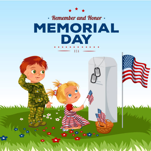 ilustrações, clipart, desenhos animados e ícones de dia do memorial, correia no cemitério militar, pequena menina e menino no túmulo de guerra veteranos, família filhos honrando a memória heróis caídos, nos bandeira vector a ilustração - baby military armed forces us memorial day