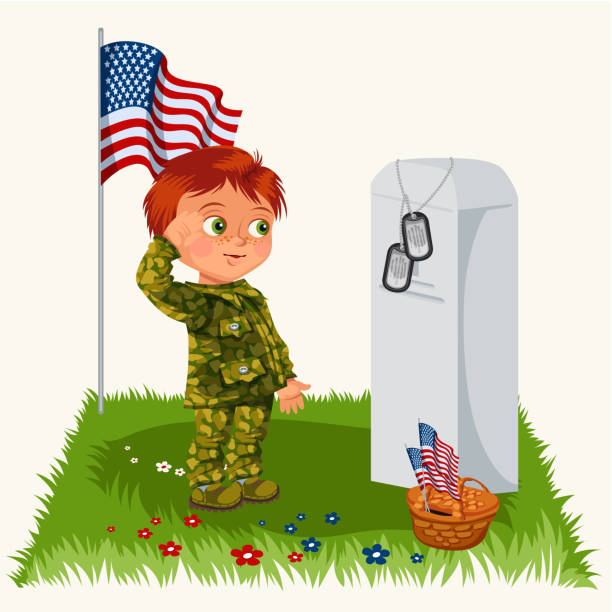 ilustrações, clipart, desenhos animados e ícones de dia do memorial, childs no cemitério militar, garotinho no uniforme saúda no veterano de guerra grave, crianças família, honrando a memória heróis caídos, os americanos nos sinalizar ilustração vetorial - baby military armed forces us memorial day