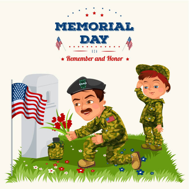 ilustrações, clipart, desenhos animados e ícones de dia do memorial, homem com crianças no cemitério militar perto de grave com branco monumento à memória de menino veterano e lembre-se de heróis de guerra, tokens de bandeira americana vector a ilustração - baby military armed forces us memorial day