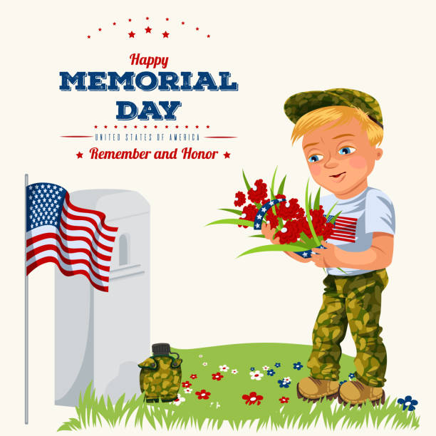 Memorial day background, American veterans lay flowers to white tombstone of monument with us flag, soldiers in uniform remember and honor memory hero isolated vector illustration Memorial day background, American veterans lay flowers to white tombstone of monument with us flag, soldiers in uniform remember and honor memory hero isolated vector illustration. memorial day weekend stock illustrations